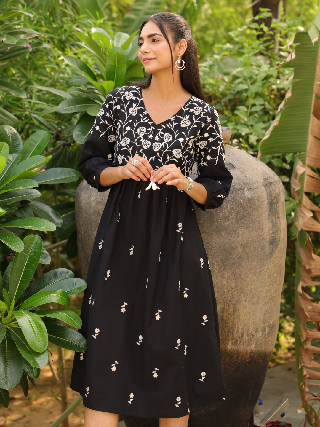 Black Boho Embroidered Midi Dress