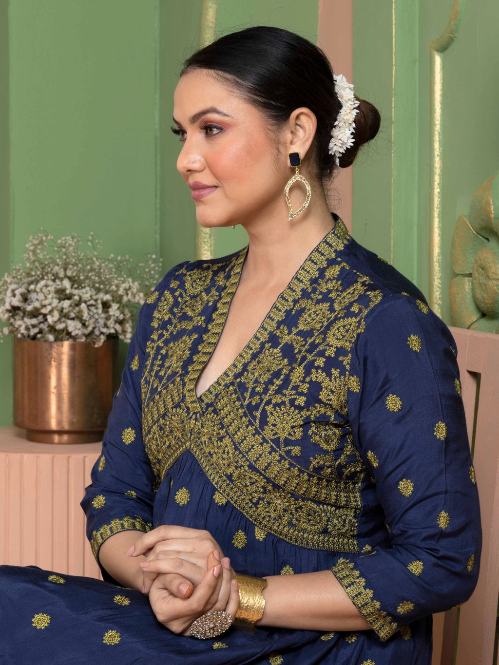 Midnight Blue Kashida Embroidered Salwar Kurta Dupatta Set