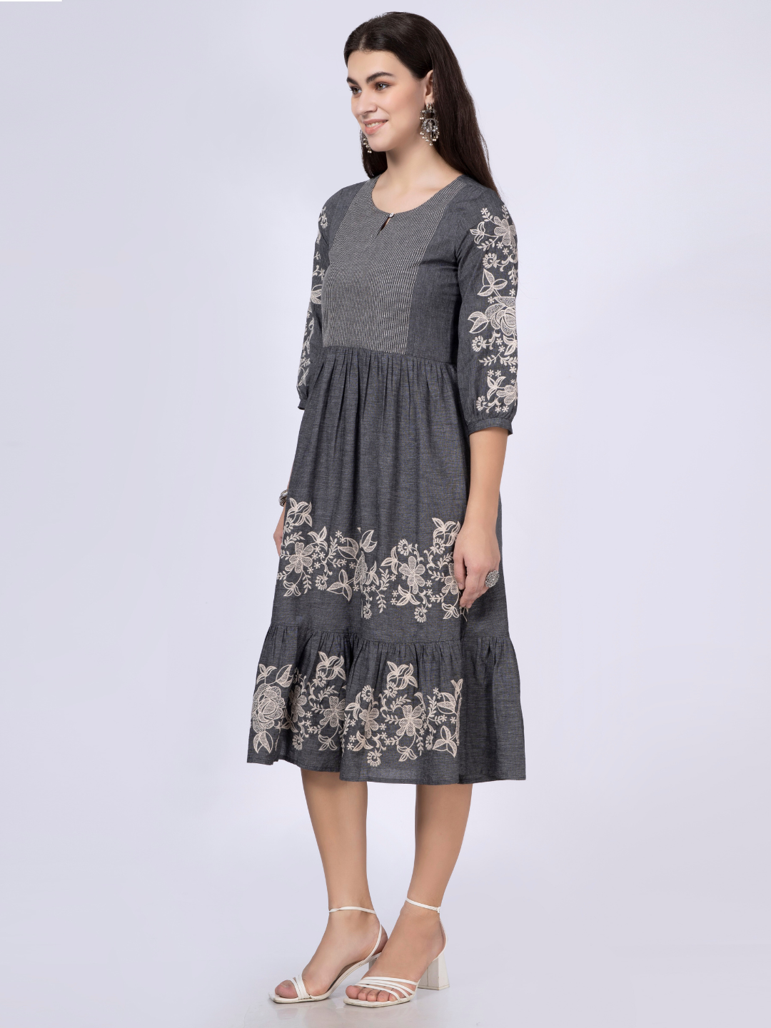 Grey Cotton Tiered Embroidered Dress