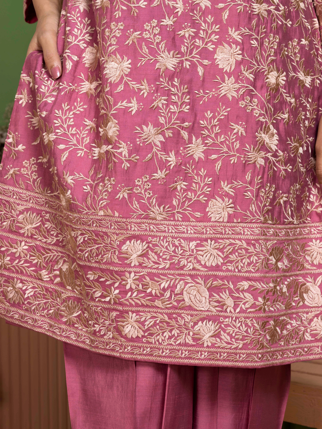 Rose Pink Parsi Gara Embroidery Kurta Set