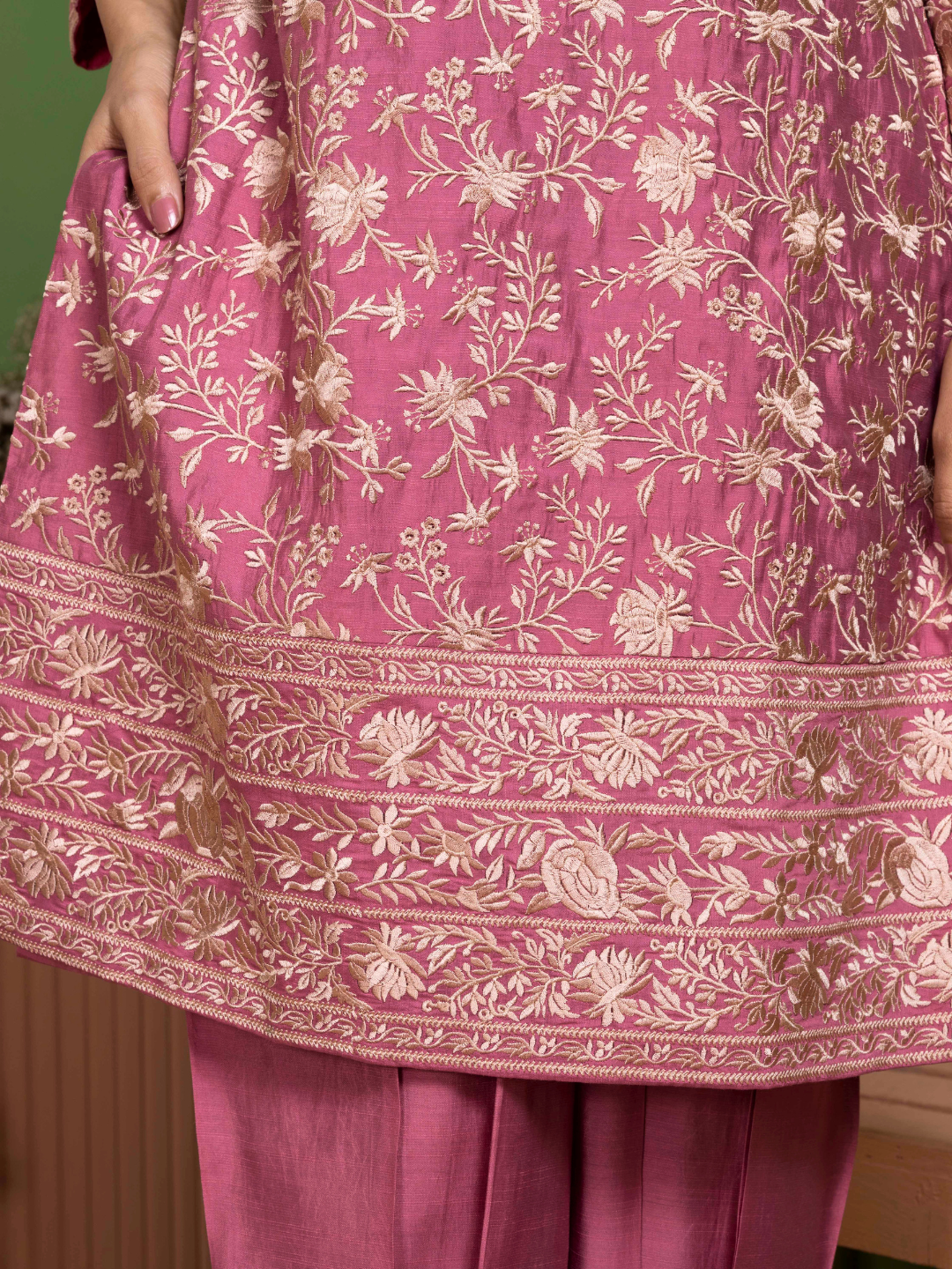 Rose Pink Parsi Gara Embroidery Kurta Set