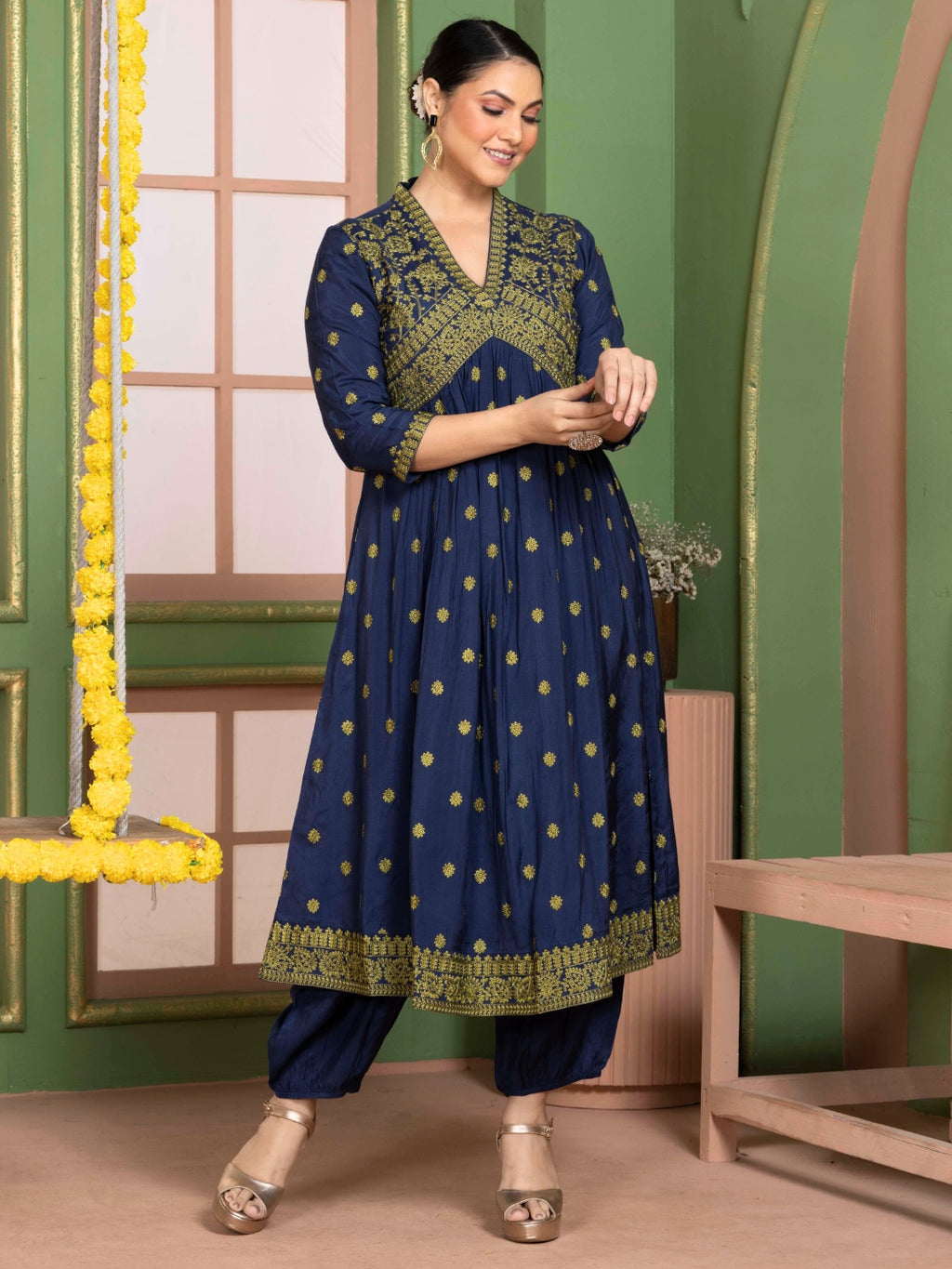 Midnight Blue Kashida Embroidered Salwar Kurta Dupatta Set