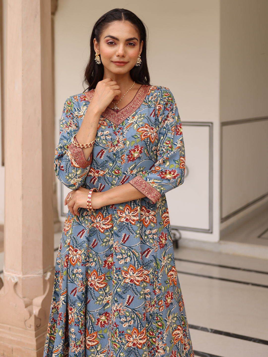 Blue Floral Print Anarkali Kurta with Brocade Lace Details