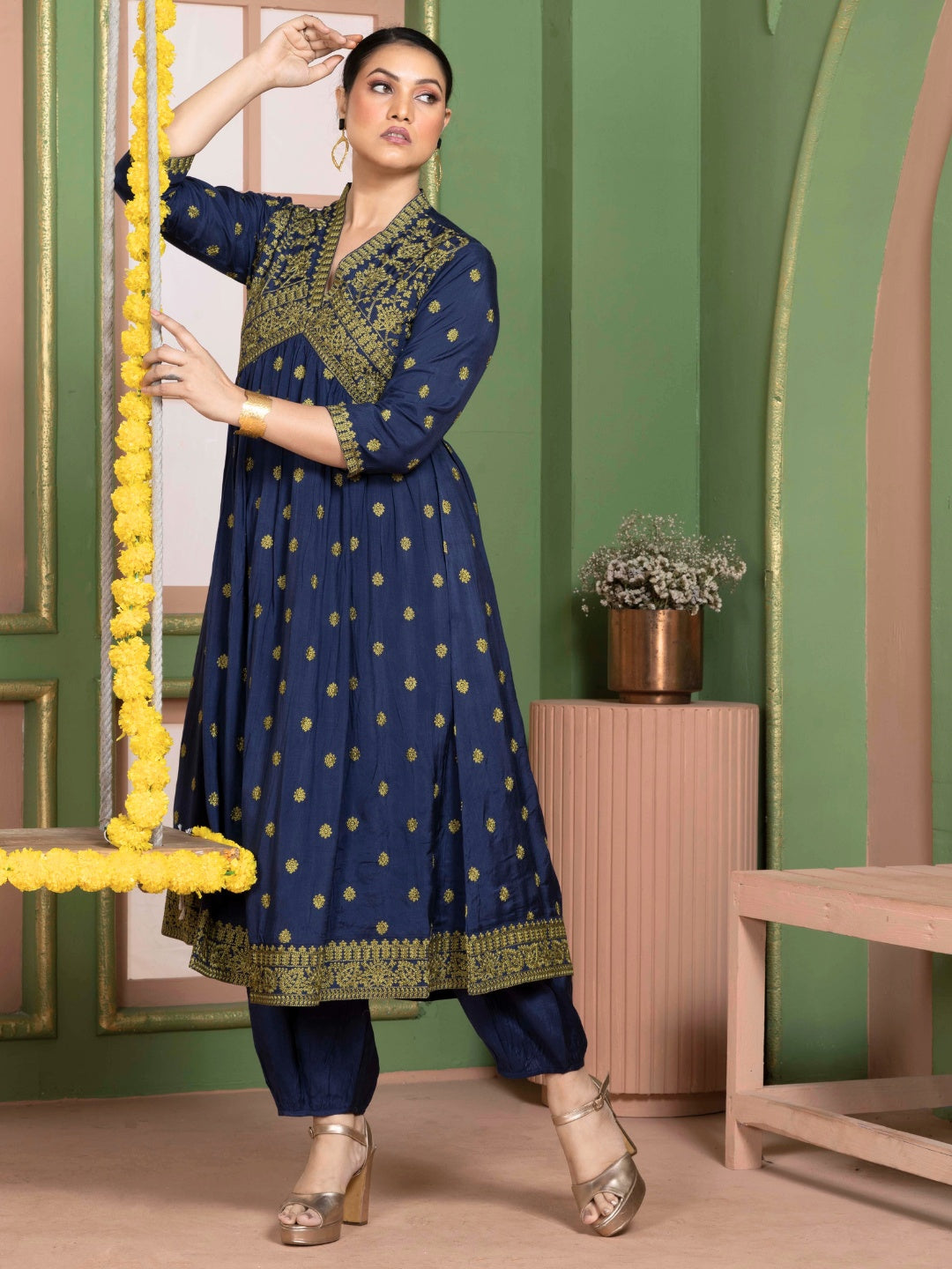 Midnight Blue Kashida Embroidered Salwar Kurta Dupatta Set