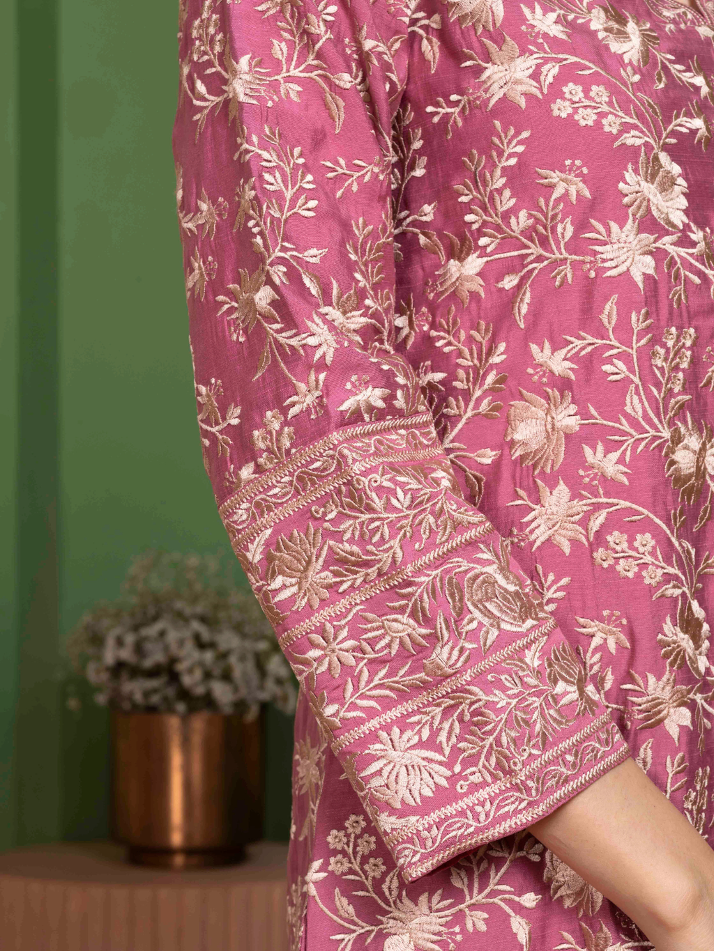 Rose Pink Parsi Gara Embroidery Kurta Set