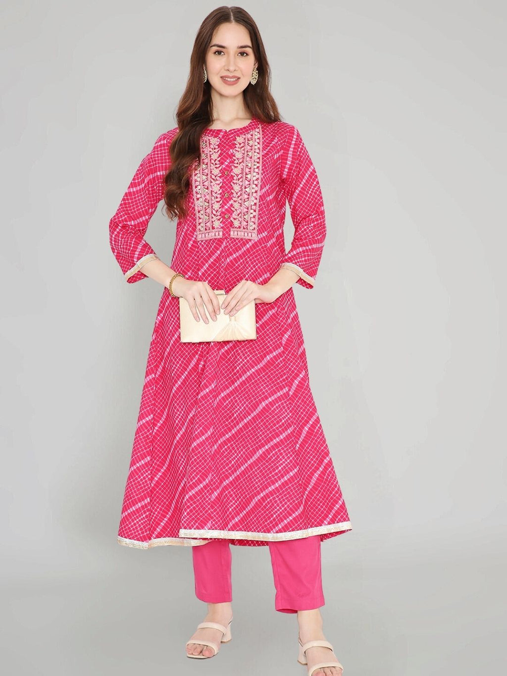 Pink Leheriya Print Kurta with Mirror Work and Yoke Embroidery