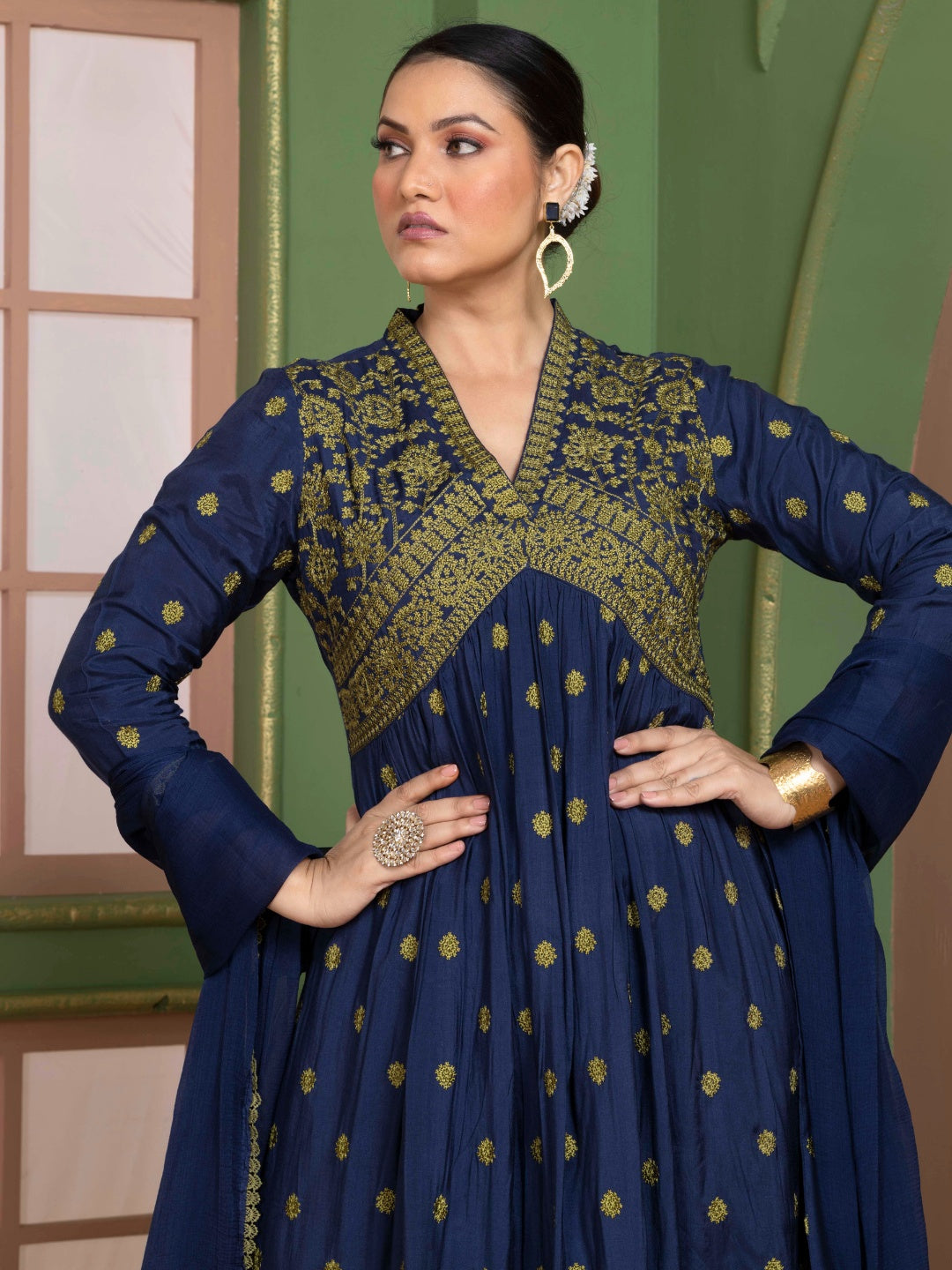 Midnight Blue Kashida Embroidered Salwar Kurta Dupatta Set