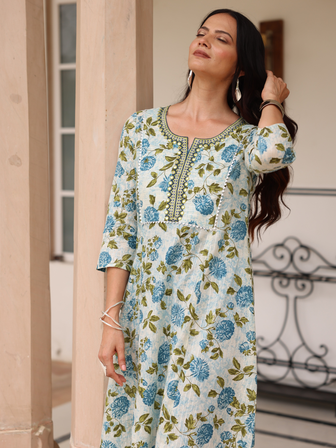 Blue Floral Print Kurta with Yoke Embroidery