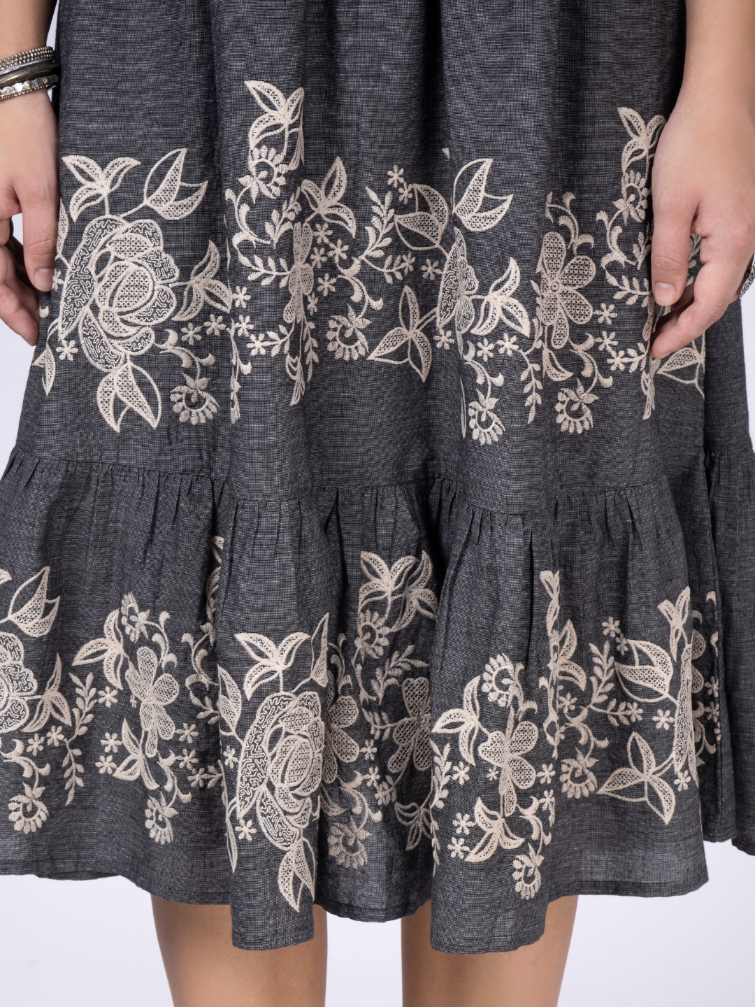 Grey Cotton Tiered Embroidered Dress