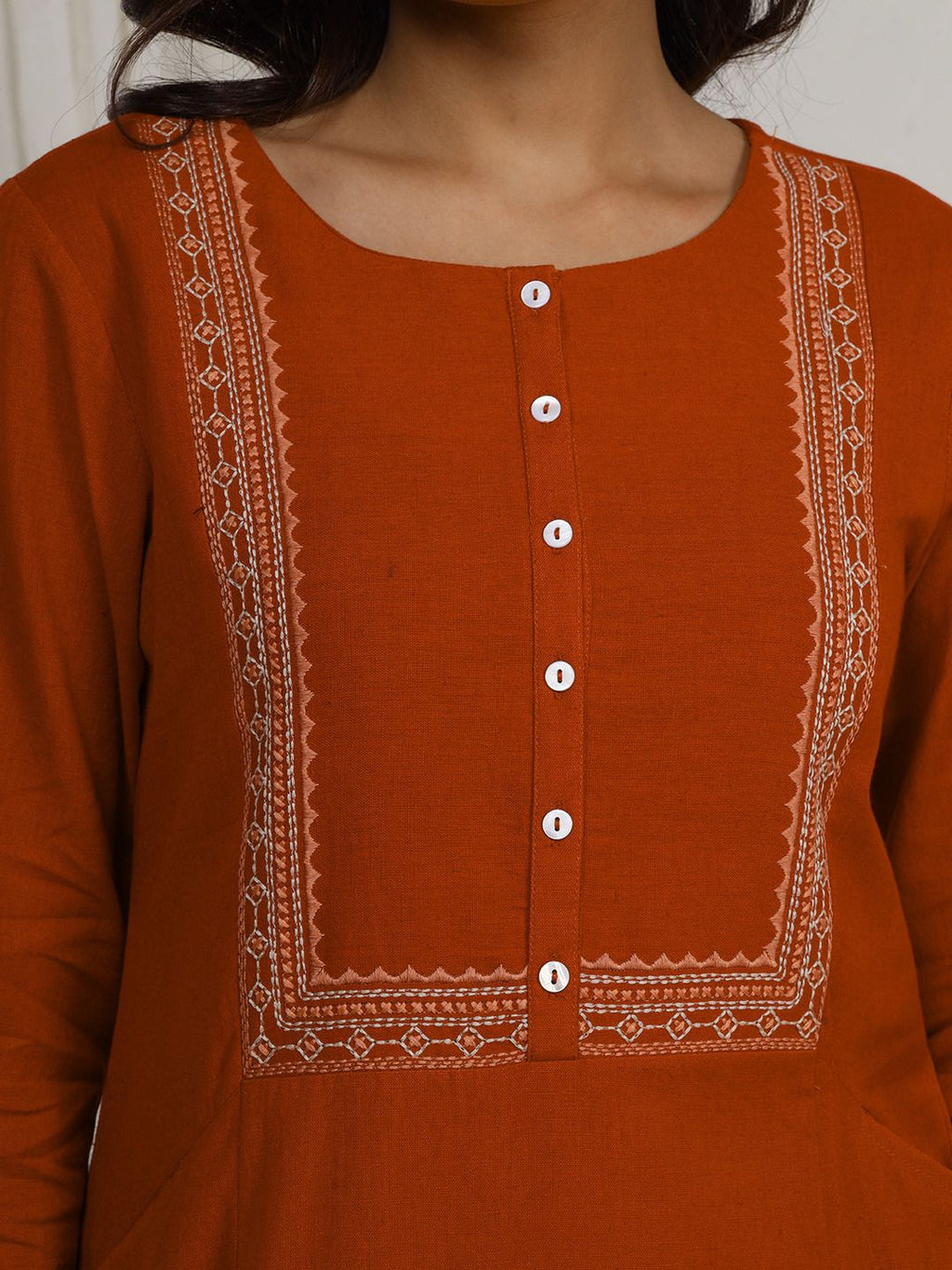 Rust Embroidered Straight Fit Kurta