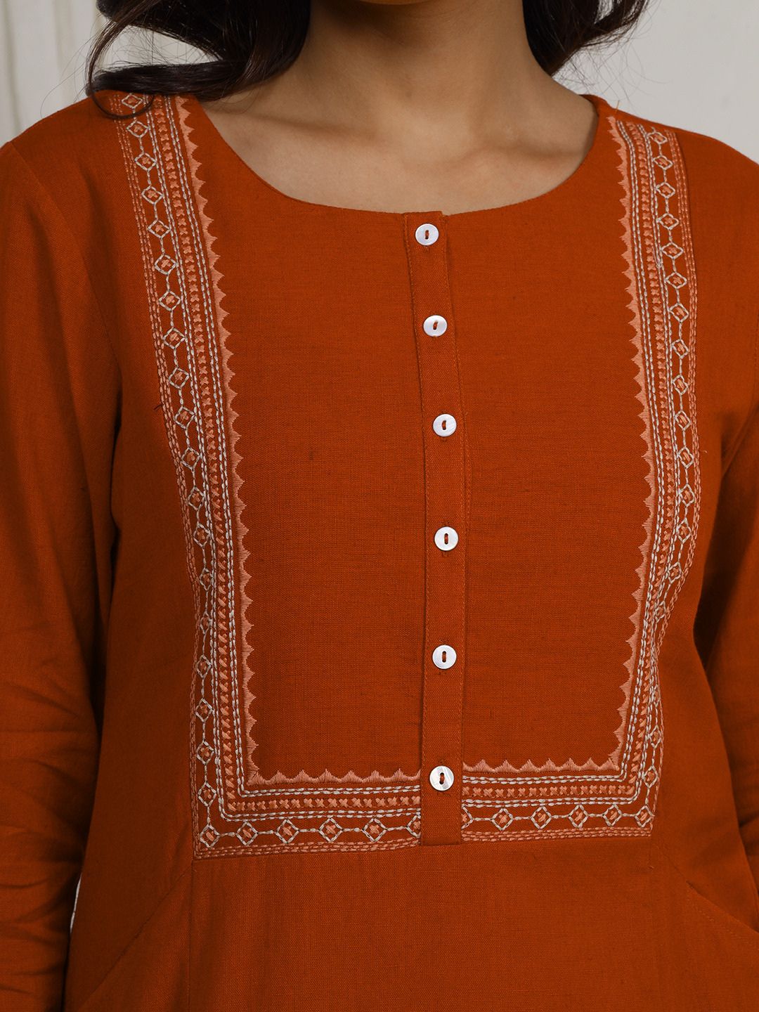 Rust Embroidered Straight Fit Kurta