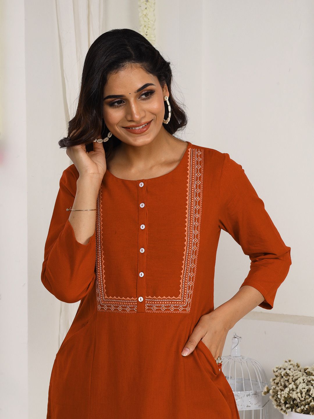 Rust Embroidered Straight Fit Kurta