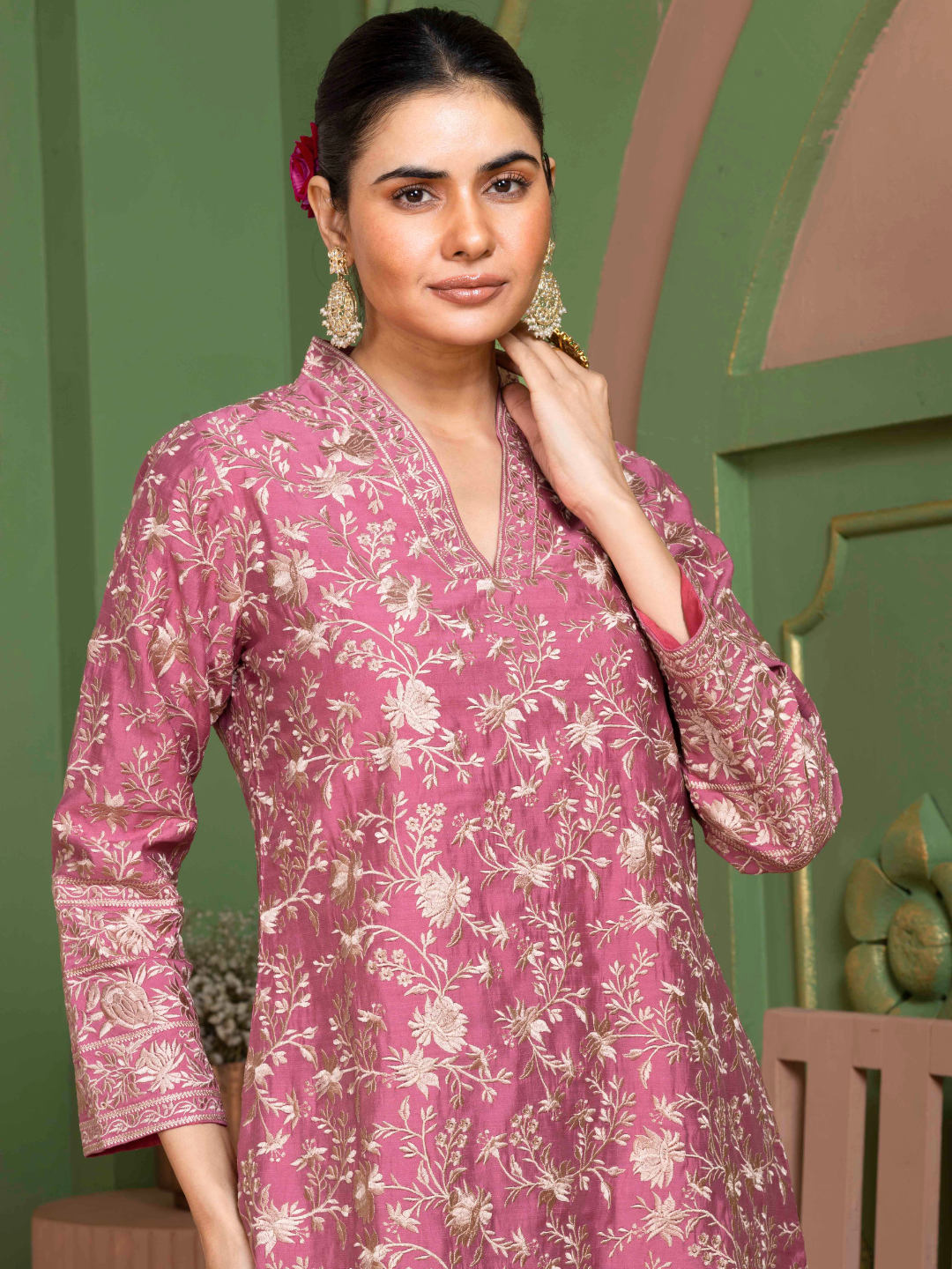 Rose Pink Parsi Gara Embroidery Kurta Set