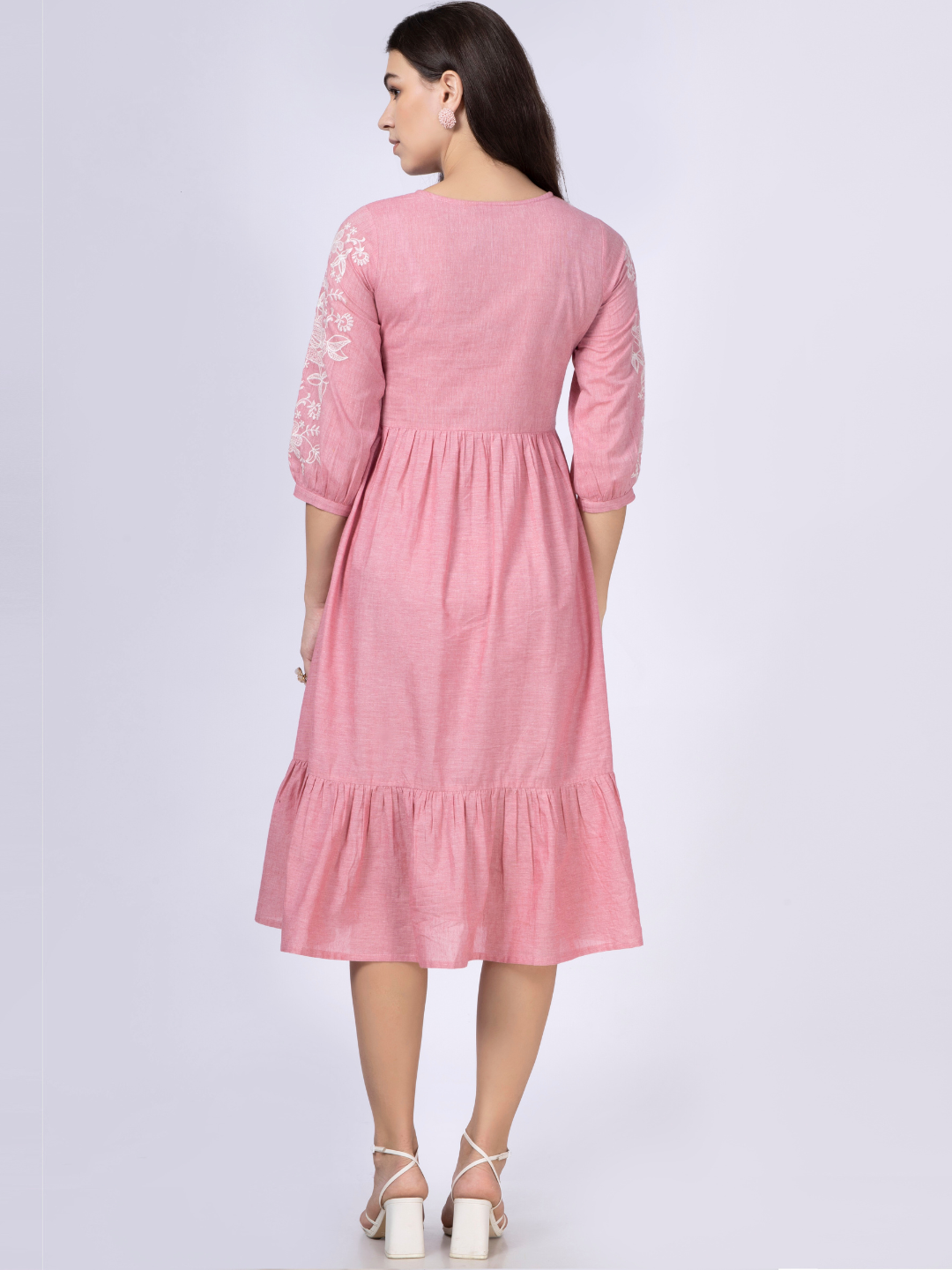 Pink Cotton Tiered Embroidered Dress