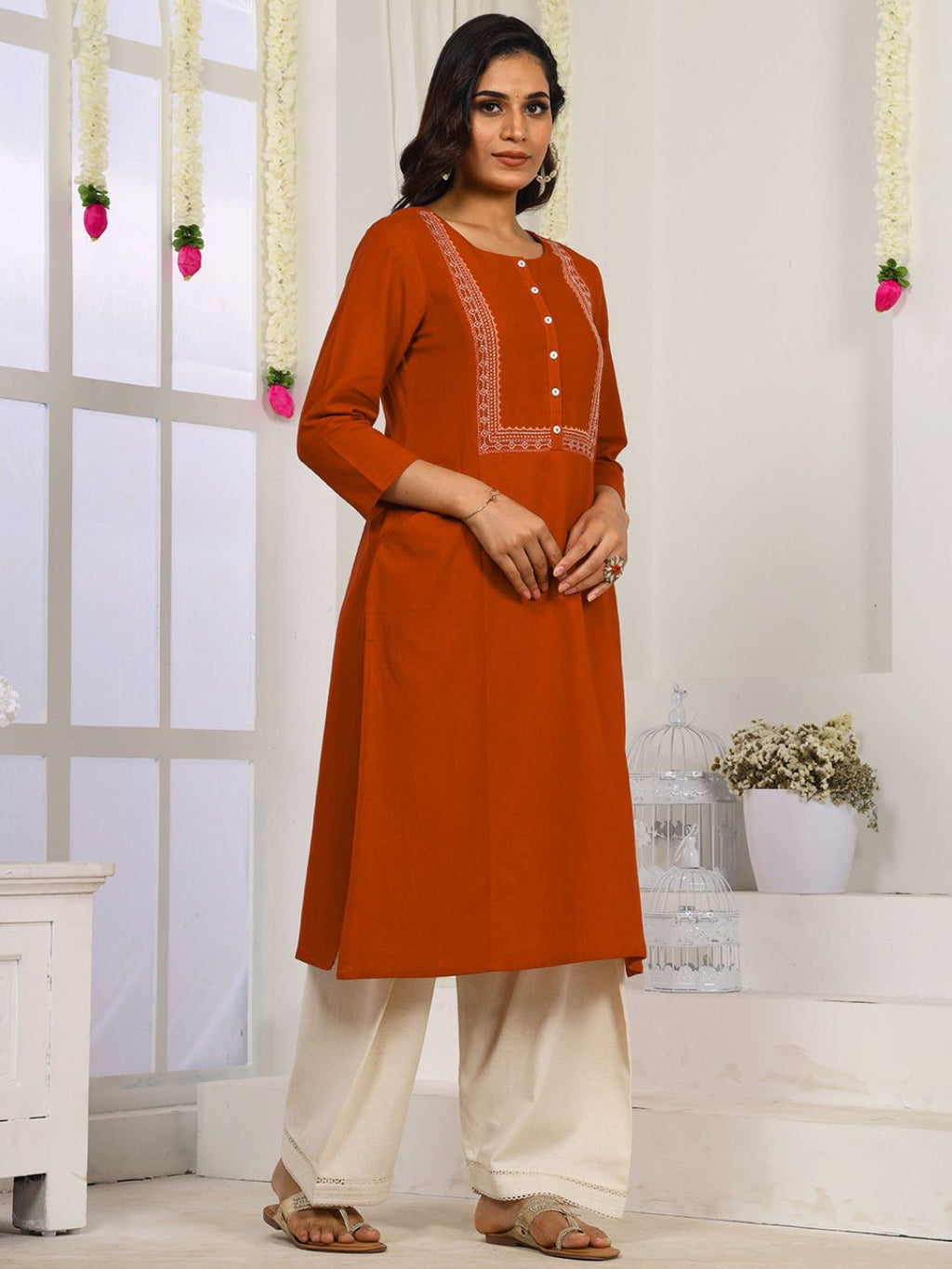 Rust Embroidered Straight Fit Kurta