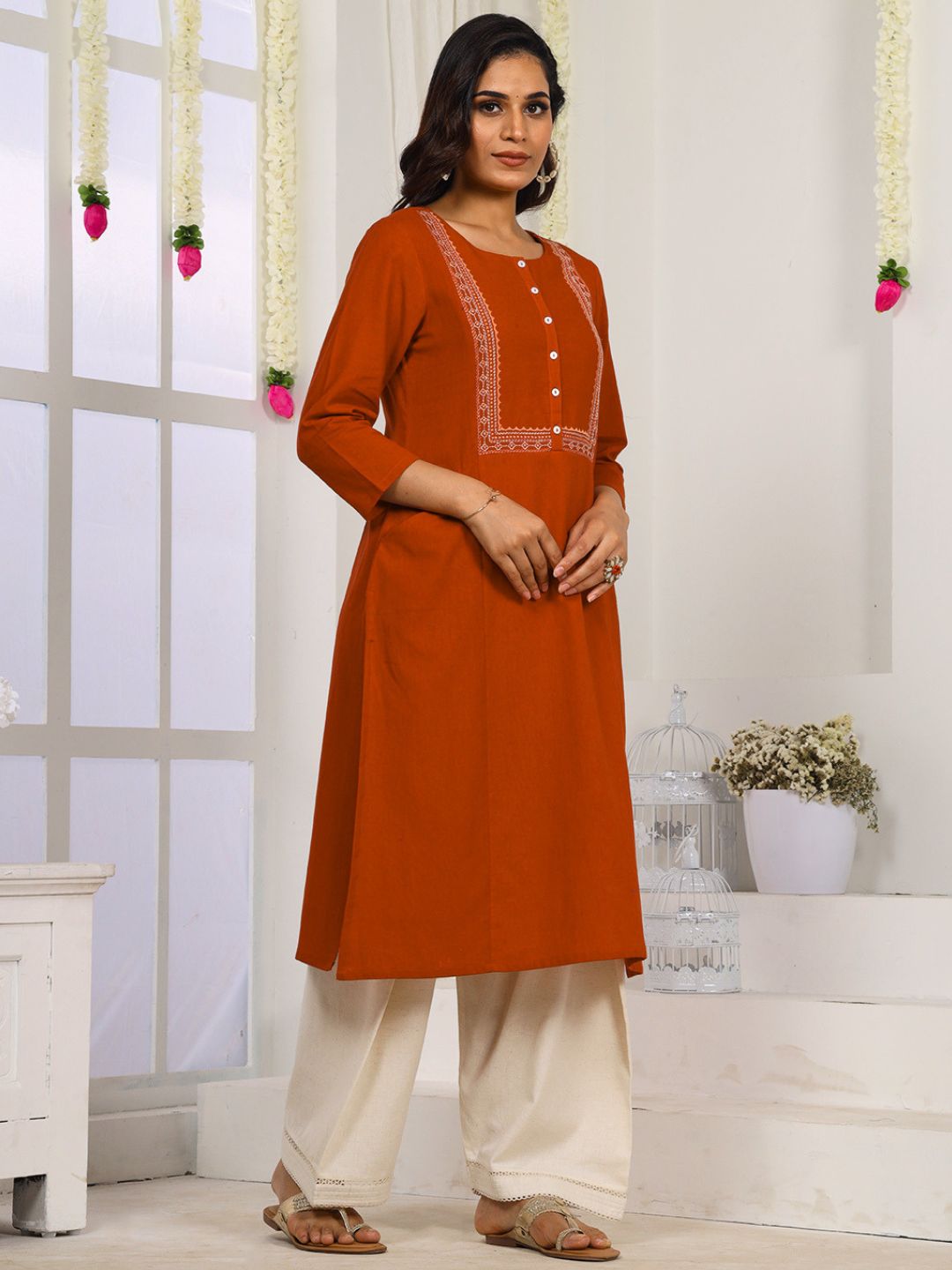 Rust Embroidered Straight Fit Kurta