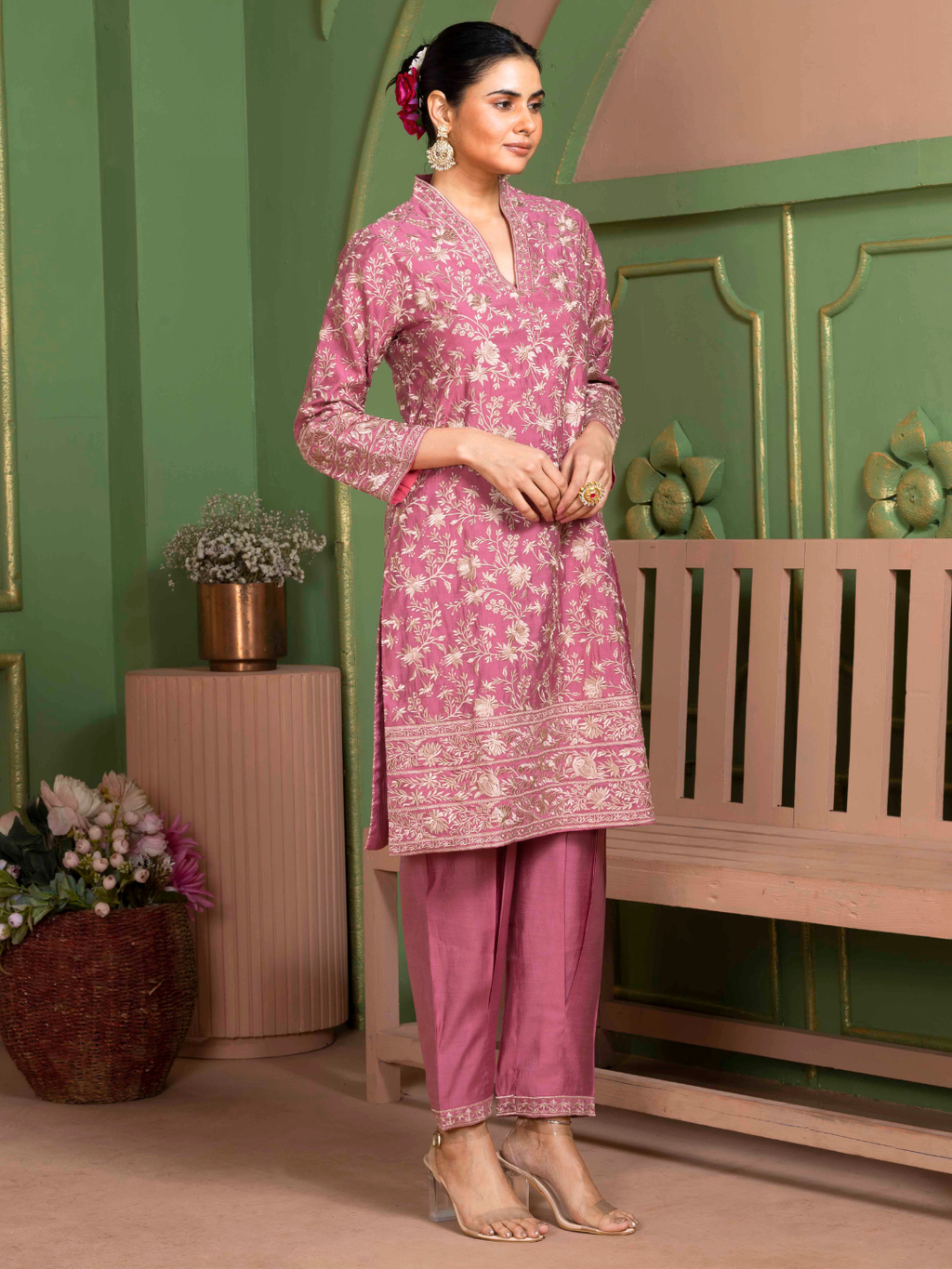 Rose Pink Parsi Gara Embroidery Kurta Set