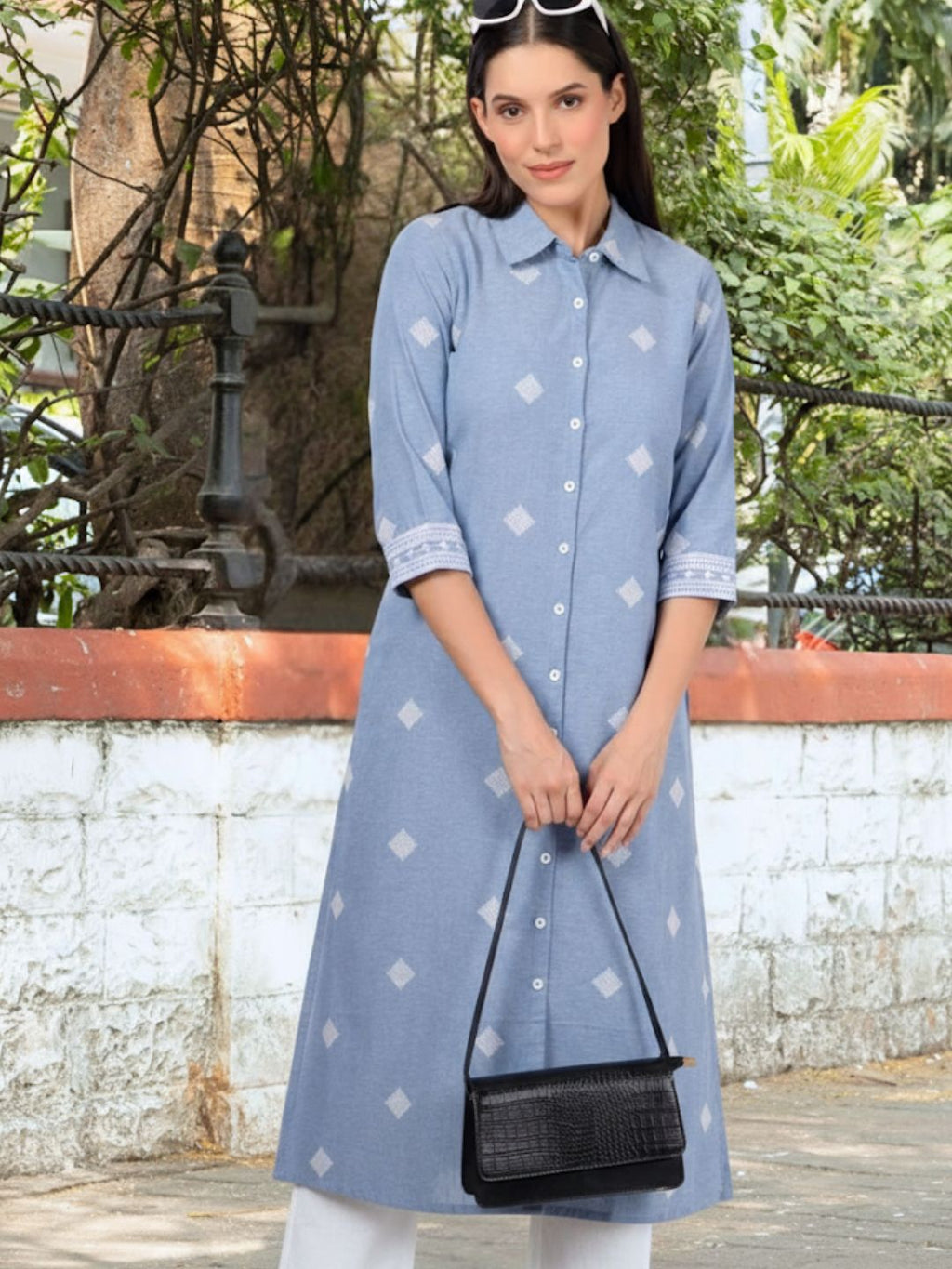 Blue Cotton Shirt Collar Kurta with Pockets & Sleeve Embroidery