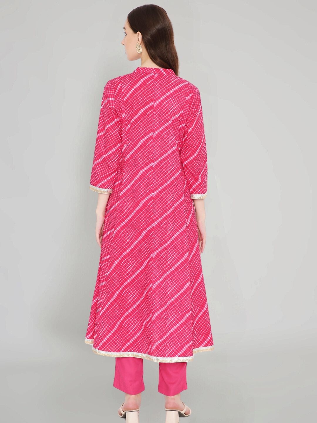 Pink Leheriya Print Kurta with Mirror Work and Yoke Embroidery