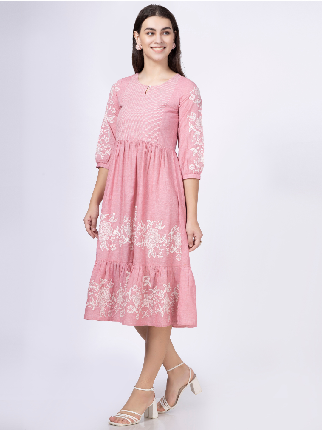 Pink Cotton Tiered Embroidered Dress