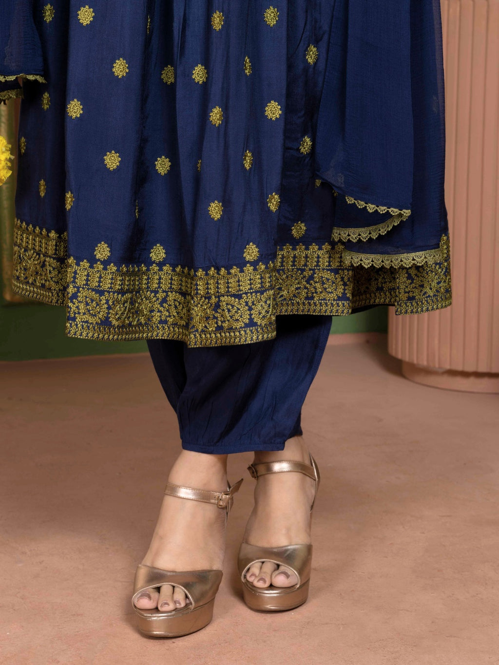 Midnight Blue Kashida Embroidered Salwar Kurta Dupatta Set