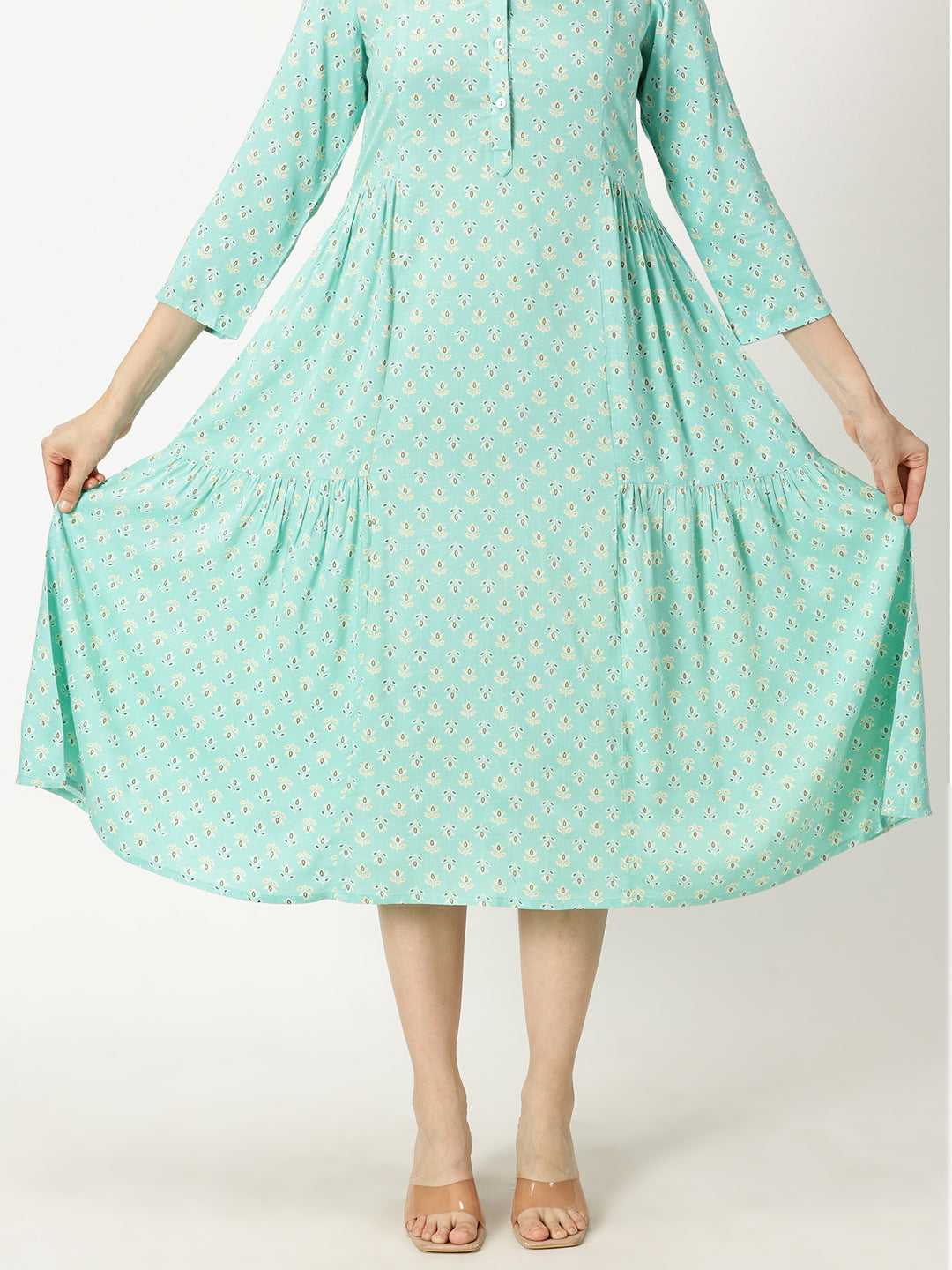 Sea Green Printed Rayon Dress with Side Gathers