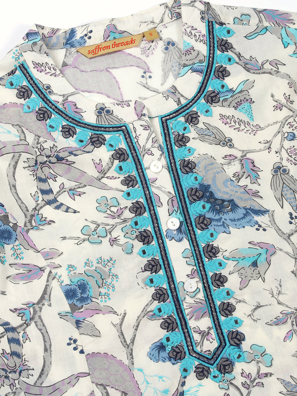 White-Blue Ethnic Floral Print Kurta with Neck Embroidery