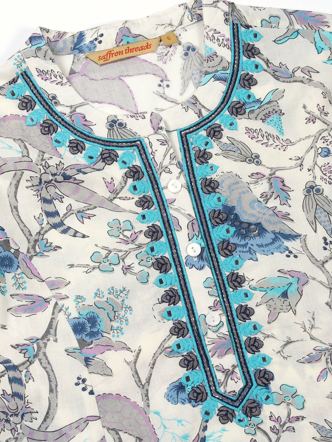 White-Blue Ethnic Floral Print Kurta with Neck Embroidery