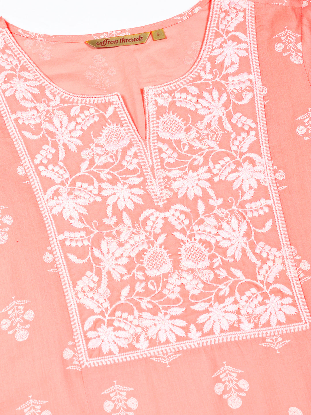 Peach Floral Print Kurta with Chikankari Embroidery