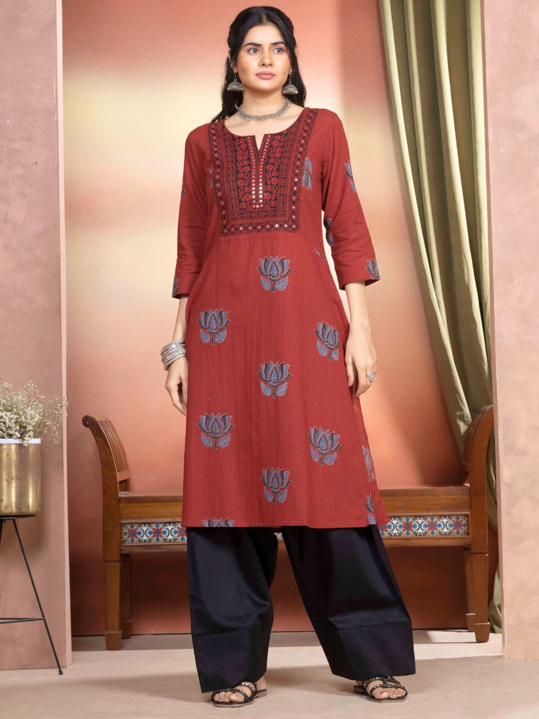 Rust Cotton Motif Print Straight Kurta with Embroidered Neckline
