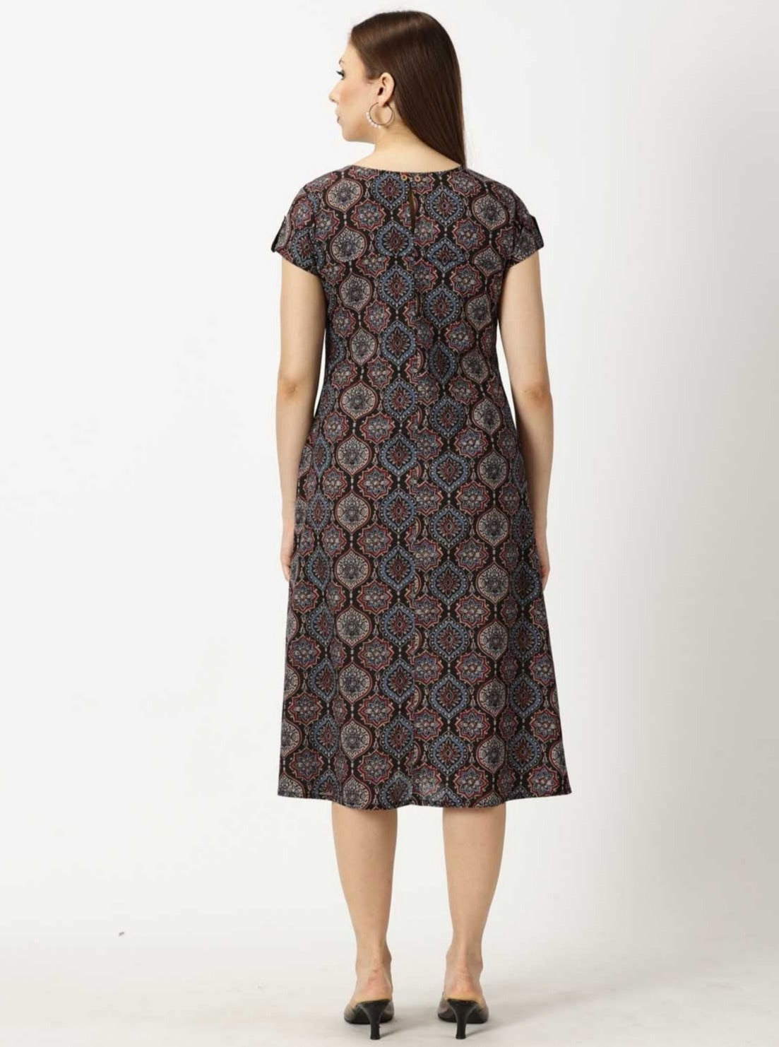 Black Ethnic Motifs Midi Dress with Embroidered Patch Pockets & Shoulder Tabs