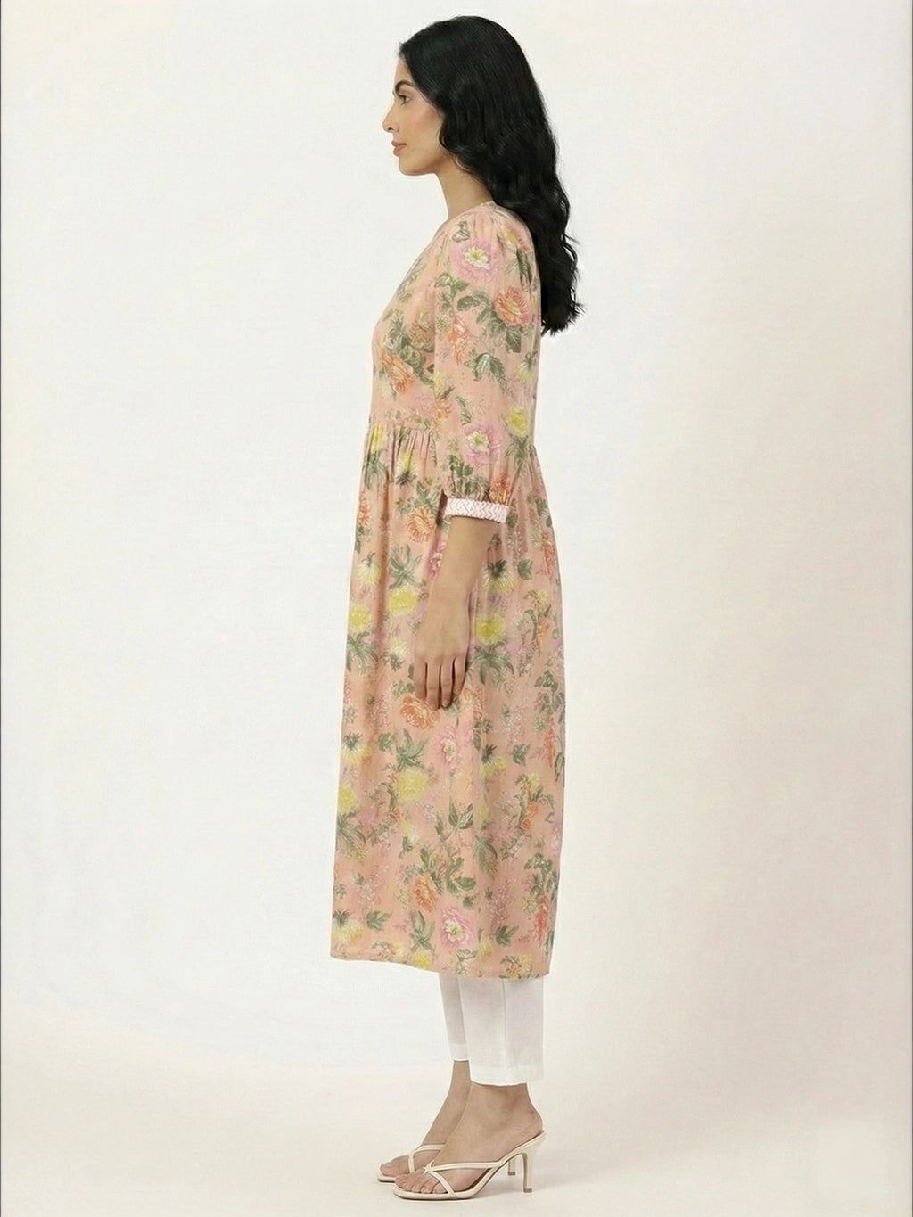 Peach Floral Print Kurta with Chikankari Embroidery
