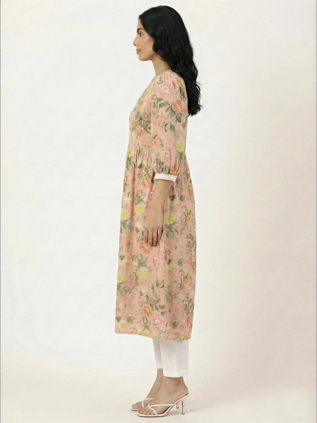 Peach Floral Print Kurta with Chikankari Embroidery