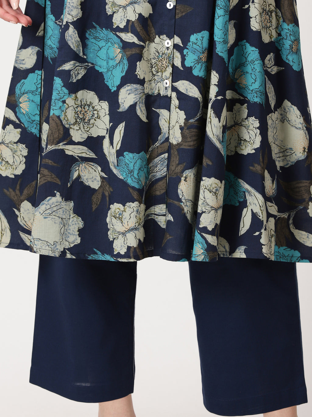 Navy Blue Floral Print Button-Down Kurta