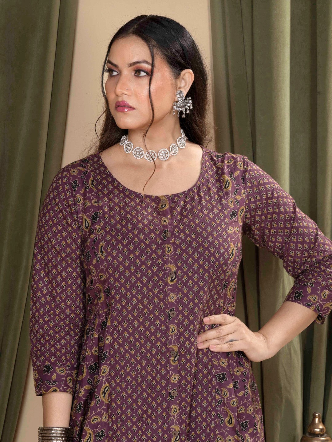 Heritage Plum Printed A-Line Cotton Kurta