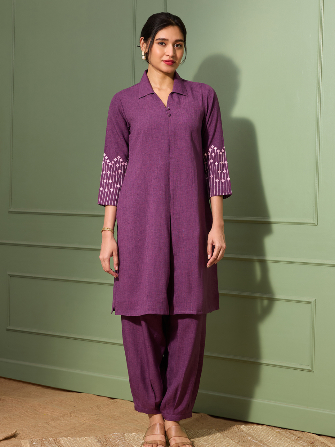 Aubergine Purple  Embroidered Kurta Set with Pleated Pants for Women | Saffron Threads
