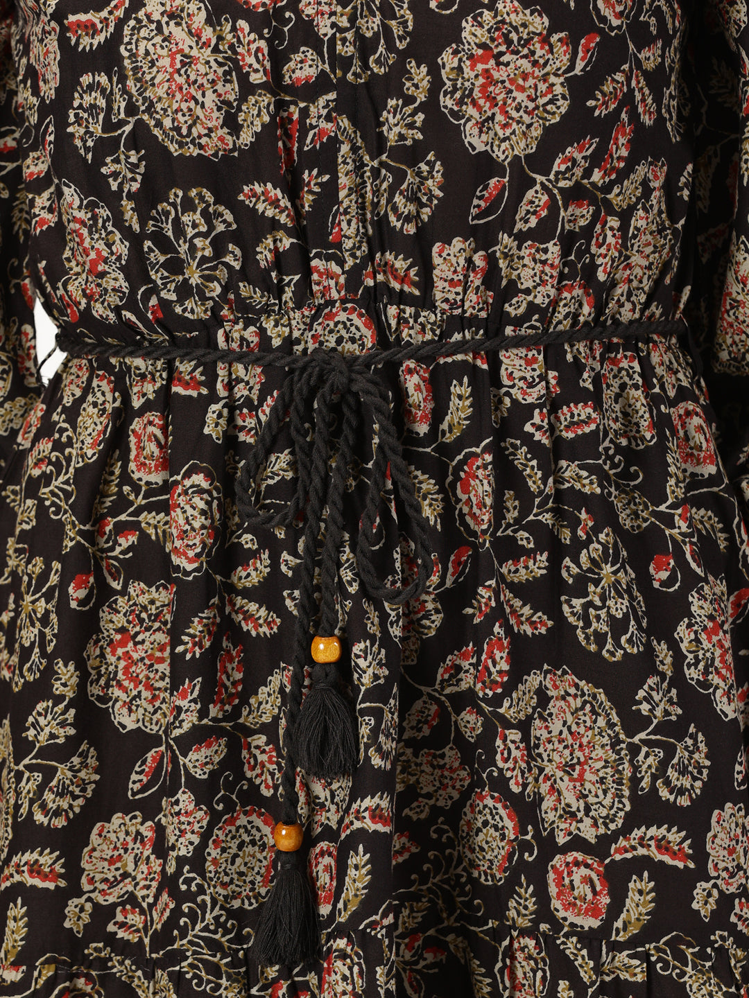 Black Ethnic Floral Print Boho Midi Dress