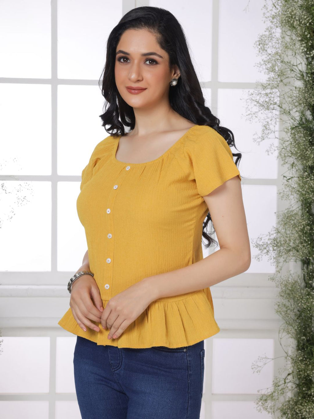Bee Yellow Crinkled Peplum Top