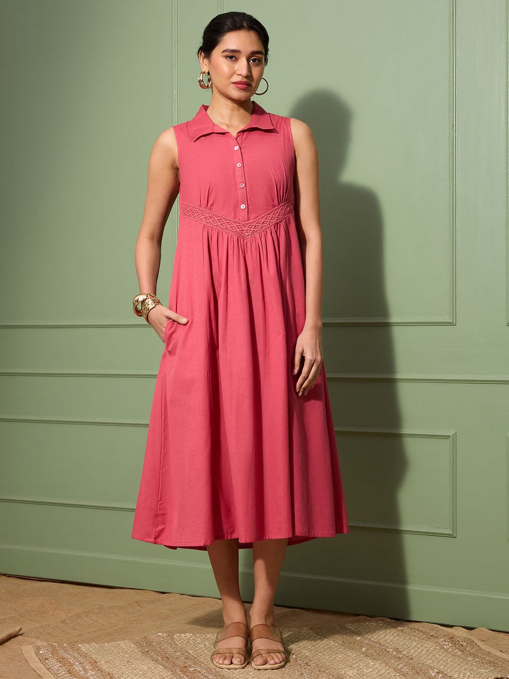 Coral Sleeveless Cotton Linen Dress with Collar & Lace Panel