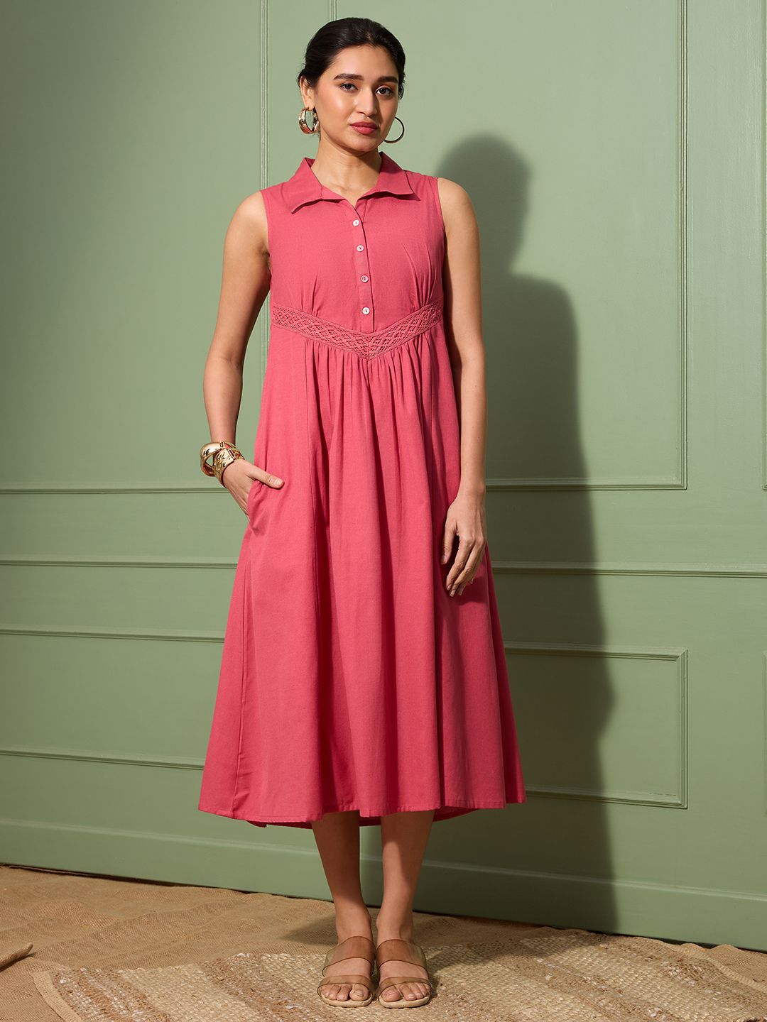 Coral Sleeveless Cotton Linen Dress with Collar & Lace Panel