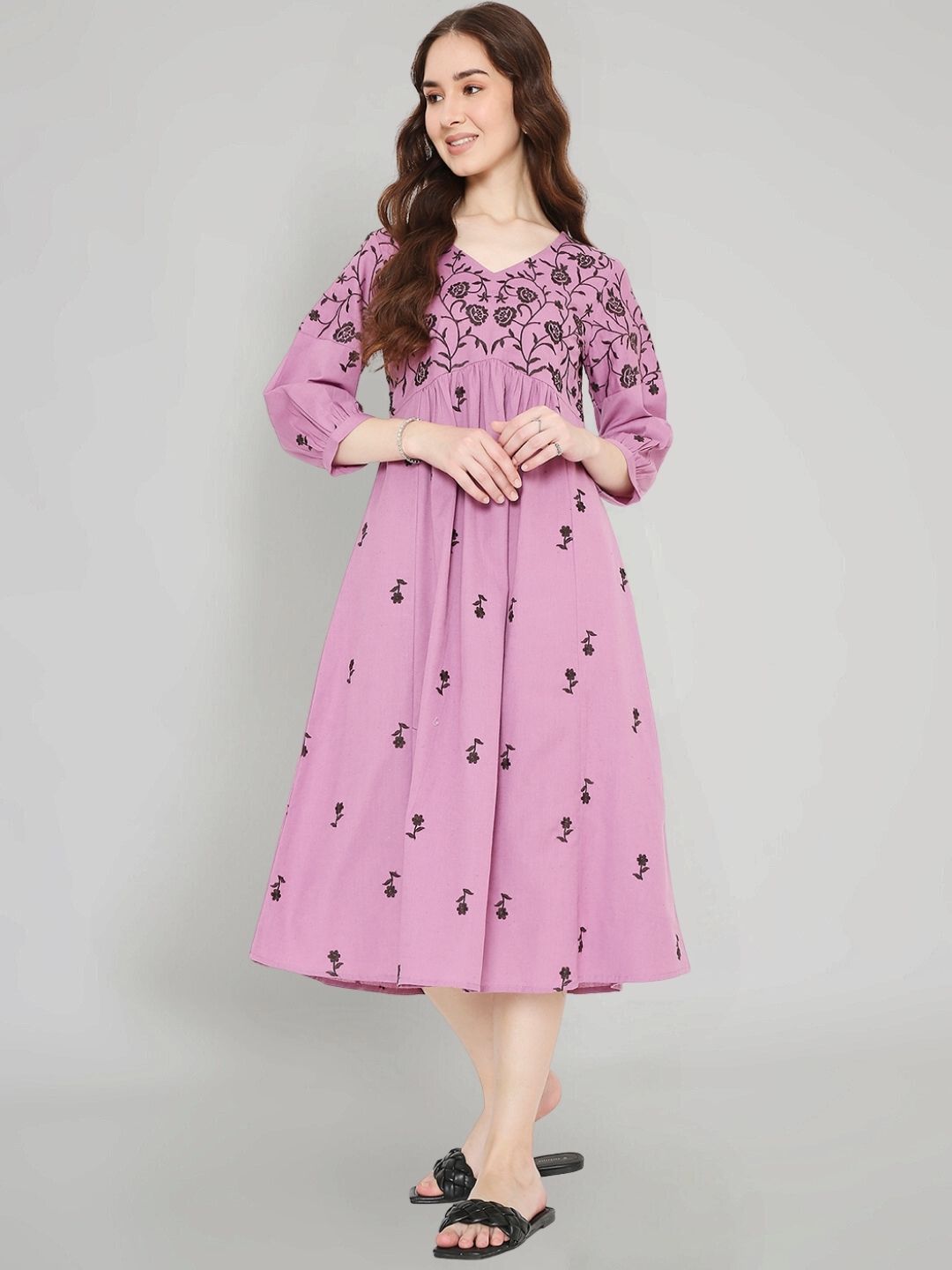 Mauve Boho Embroidered Cotton Midi Dress – Saffron Threads