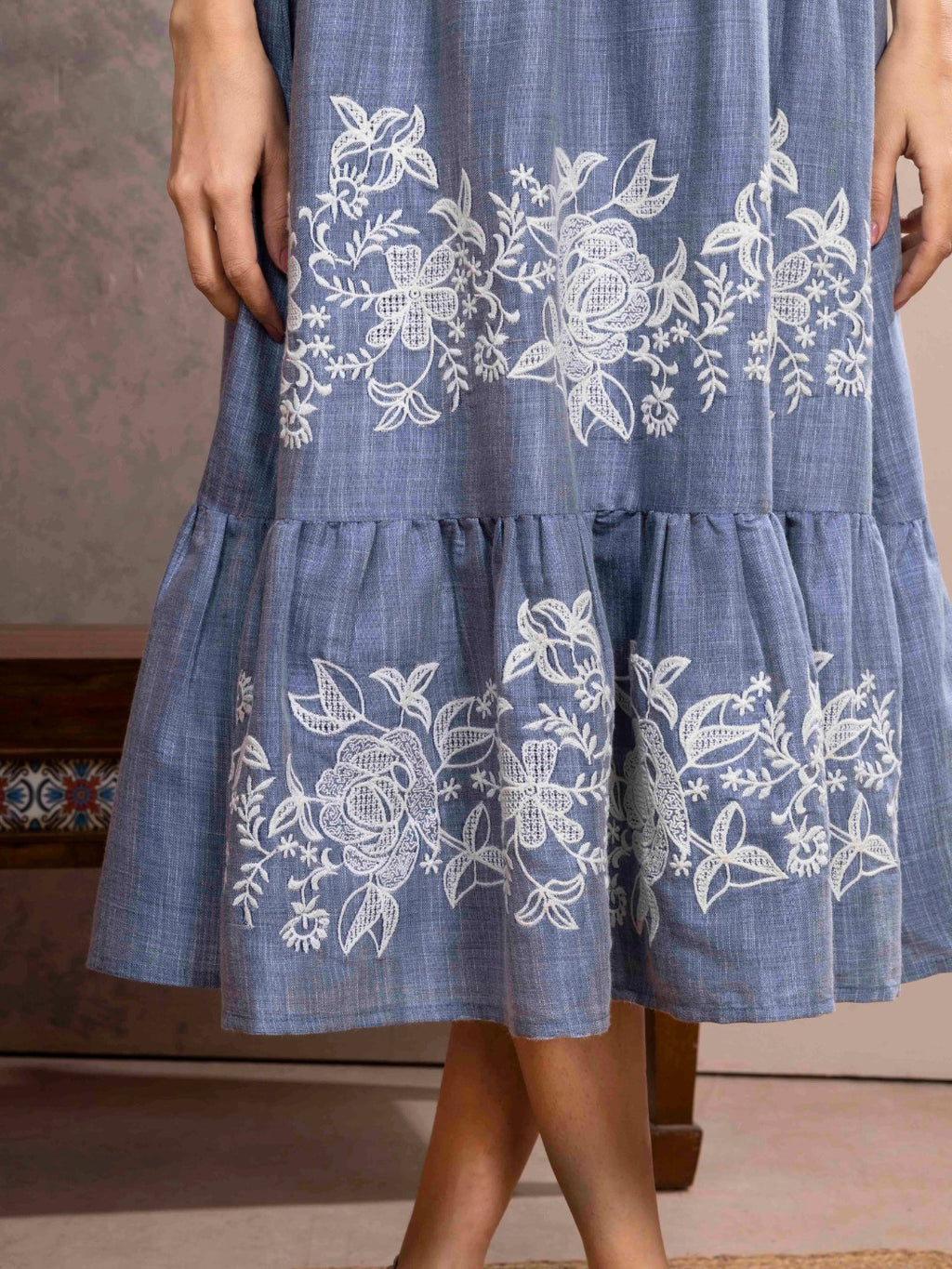 Shadow Blue Chambray Floral Embroidered Tiered Dress
