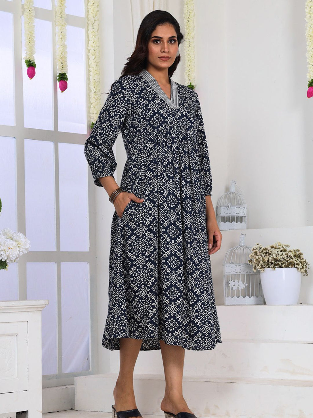 Navy Blue Printed A-Line Dress with Embroidery and Pockets