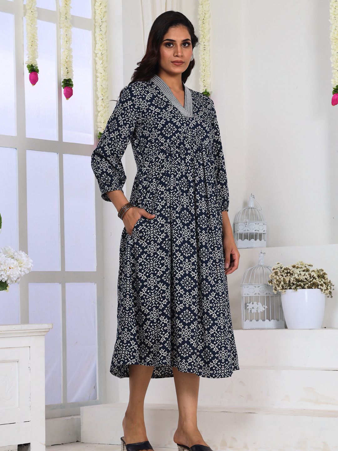 Navy Blue Printed A-Line Dress with Embroidery and Pockets
