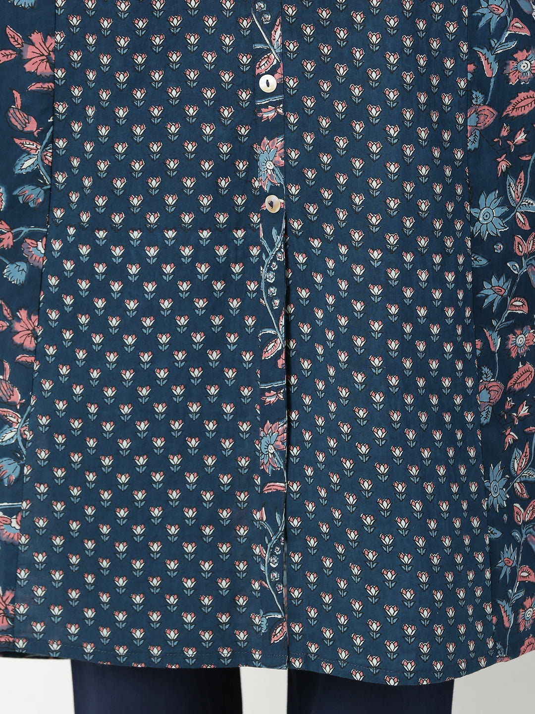 Navy Blue Floral Print Panelled Kurta