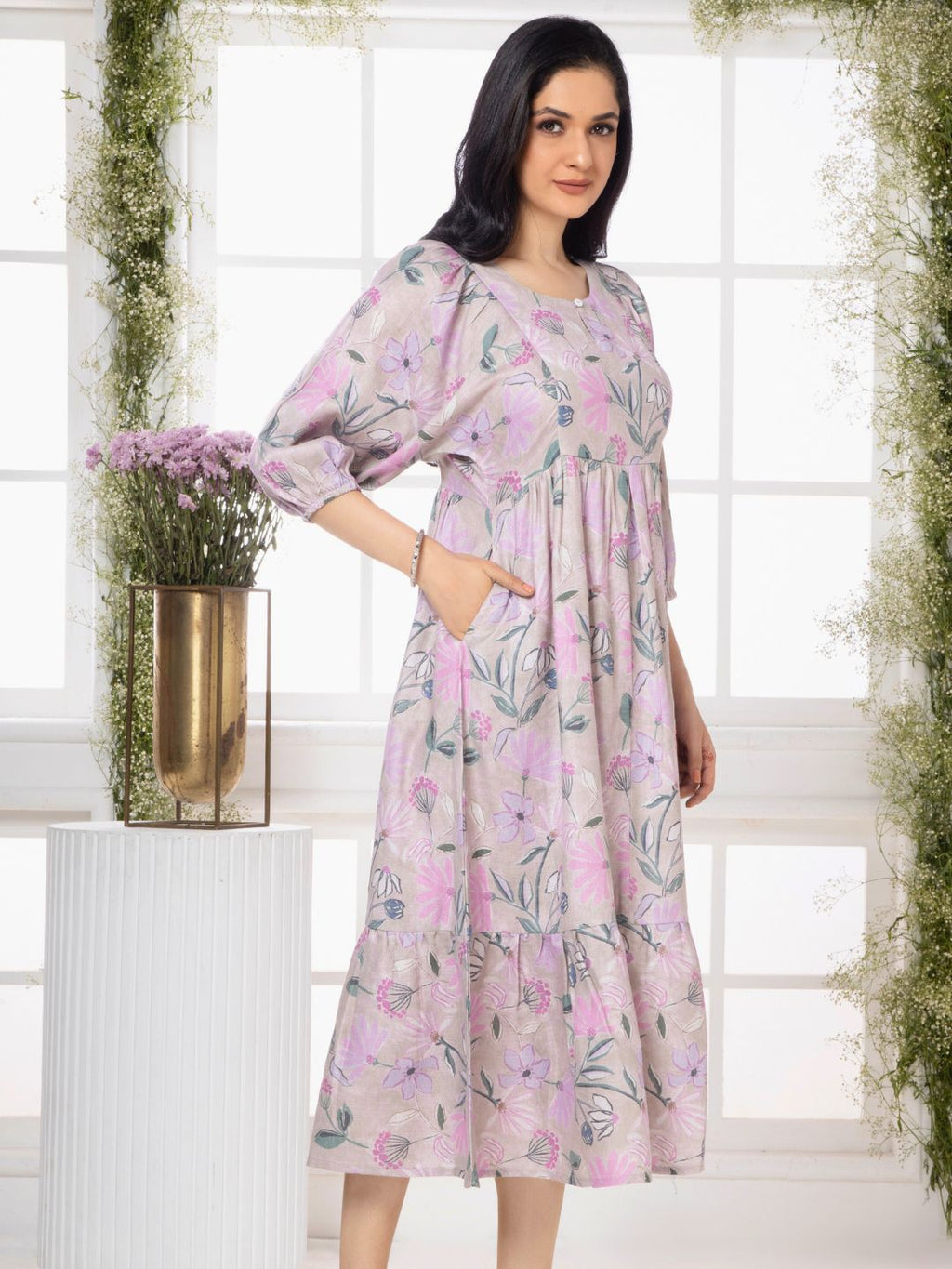 Periwinkle Lavender Florette Leaf Midi Dress