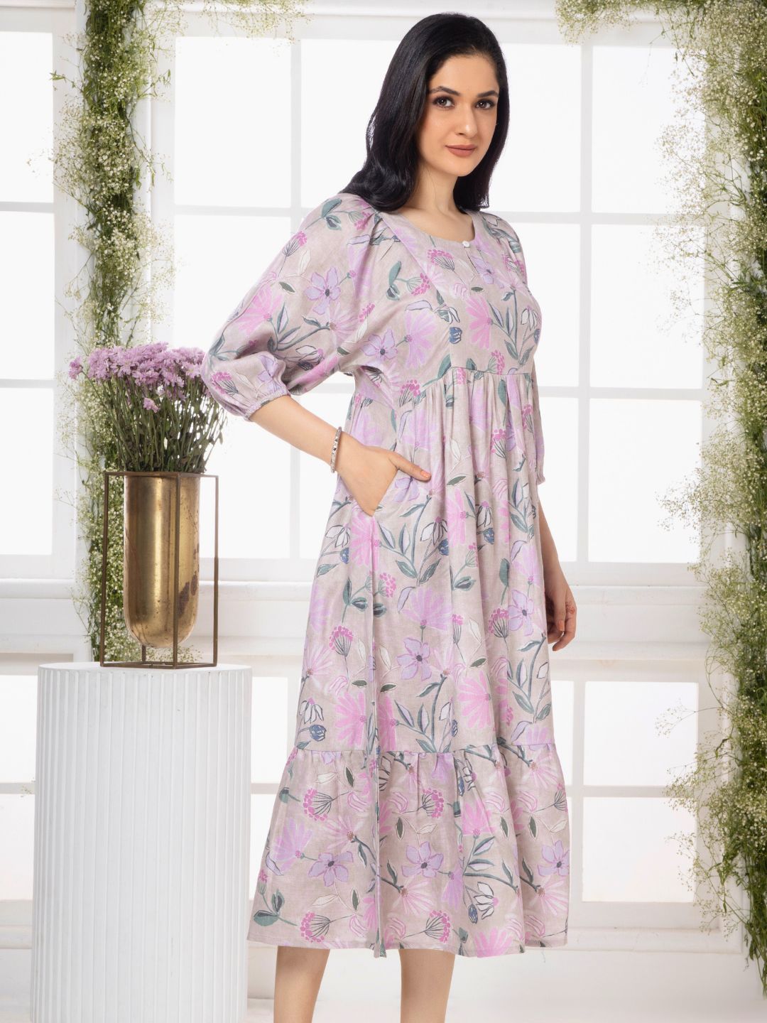 Periwinkle Lavender Florette Leaf Midi Dress