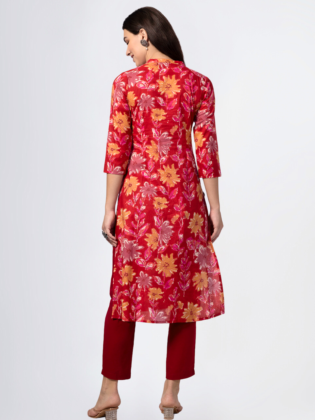 Red Cotton Printed Kurta with Embroidered Neck and Mirror Work