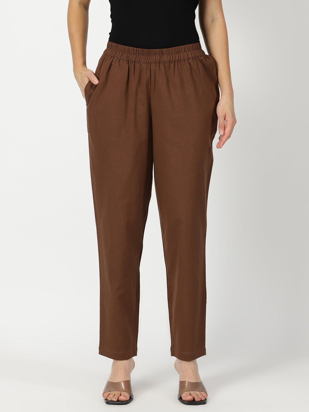 Brown Cotton Straight Fit Slip-on Trouser