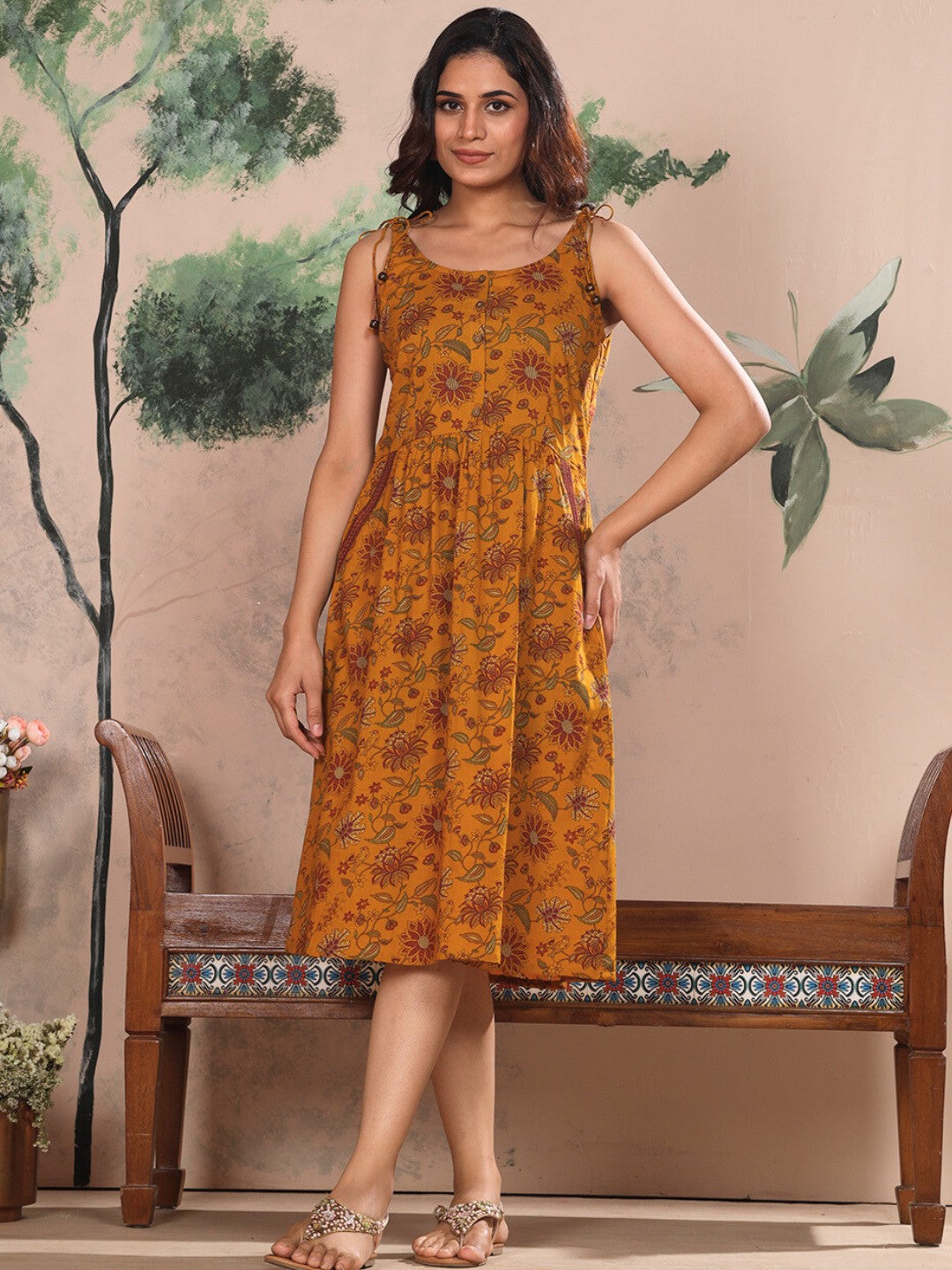 Mustard Ornate Bloom Printed Cotton Fit & Flare Dress